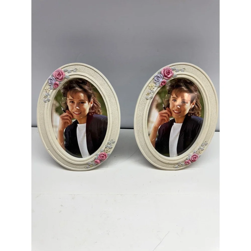 Vintage Oval Floral Picture Frames Set of 2 Cream Pink Rose 3D Accents